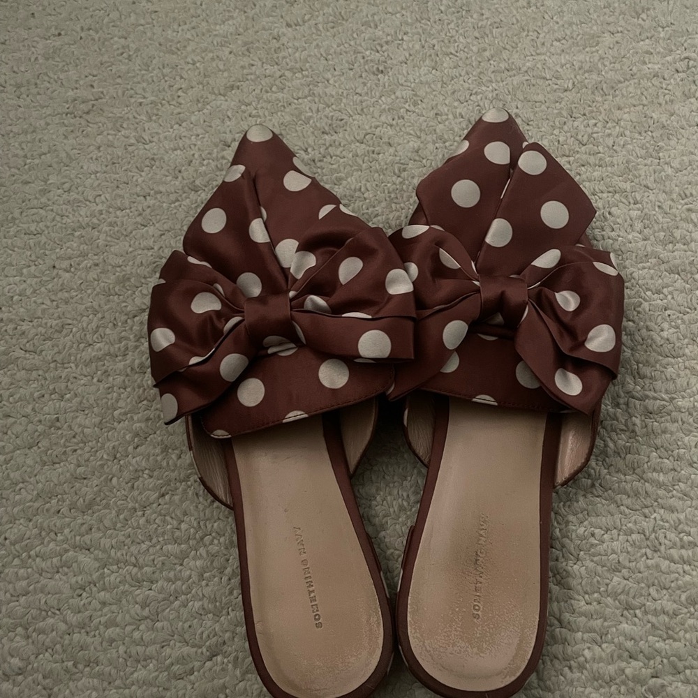 Something Navy Brown Polka Dot Bow Mules